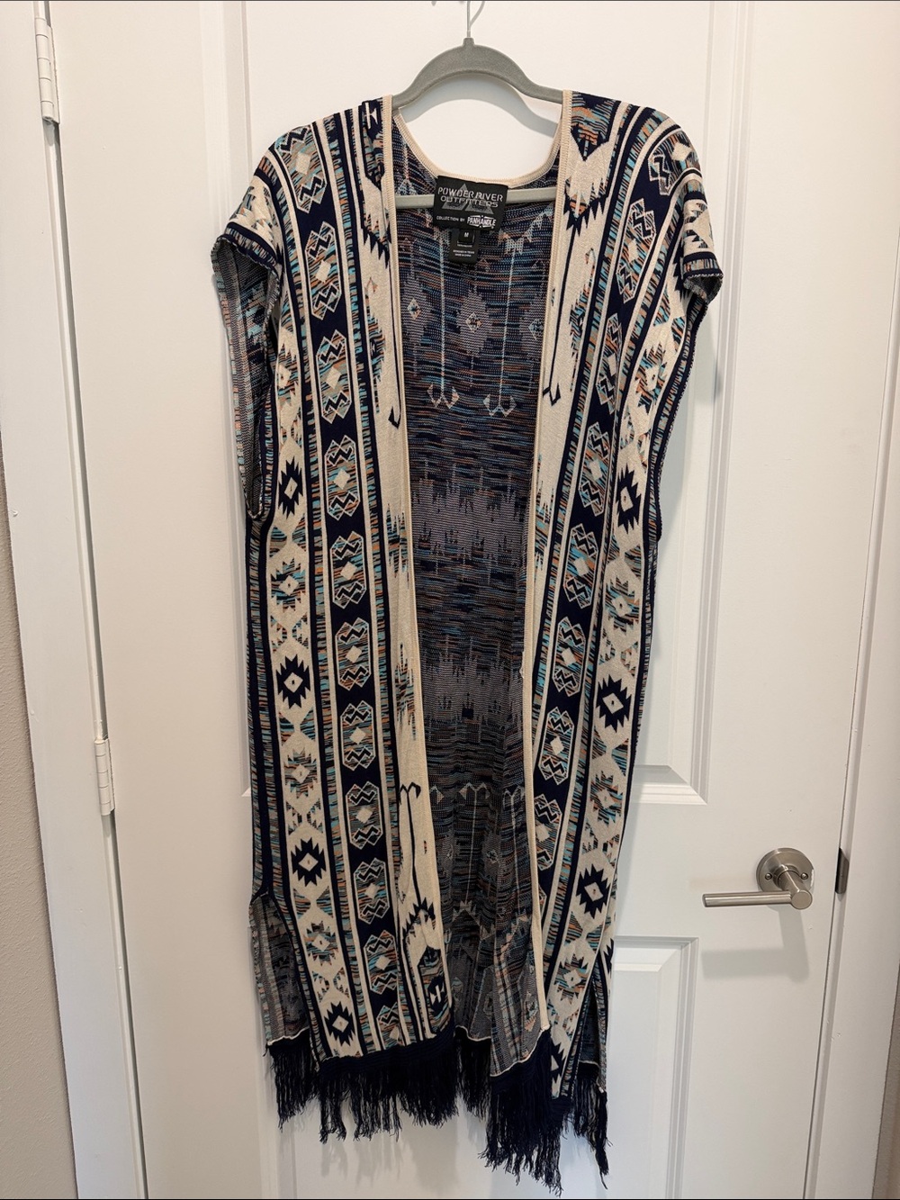 Navy and Cream Aztec Fringe Cape.
